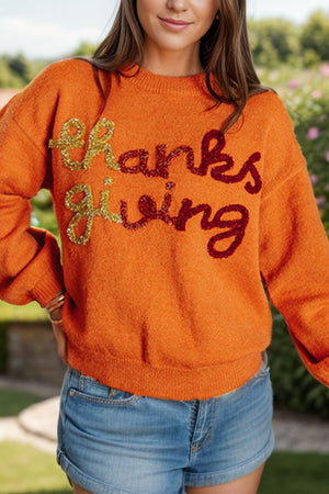 Thanksgiving Script Round Neck Long Sleeve Sweater - Sydney So Sweet