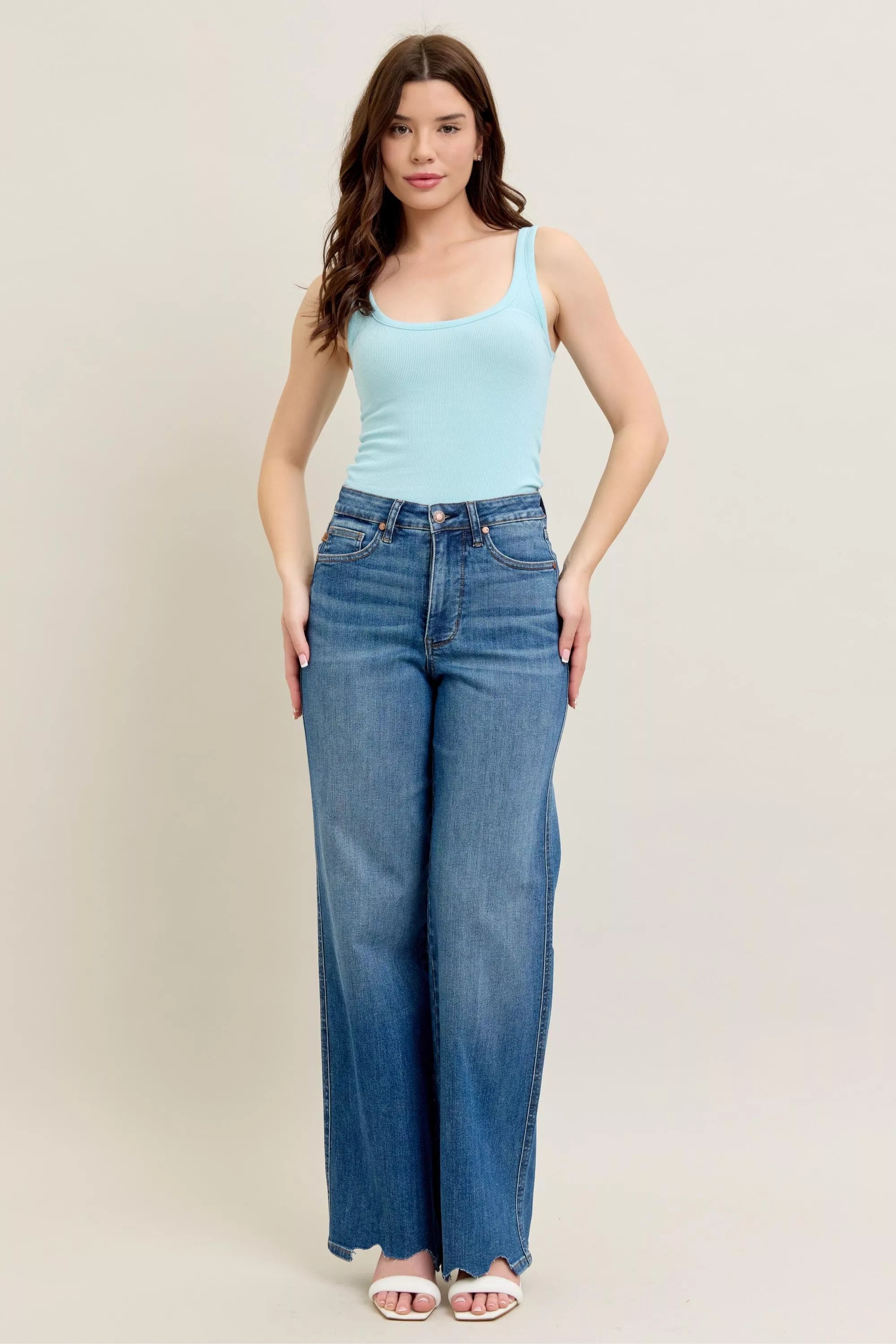 Judy Blue Full Size High Waist Tummy Control Chew Hem Destroy Wide Jeans Plus Size - Sydney So Sweet