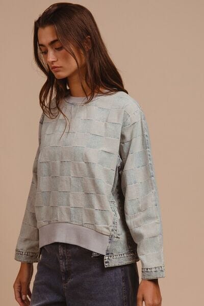 BiBi Mineral Washed Checkered Round Neck Denim Top - Sydney So Sweet