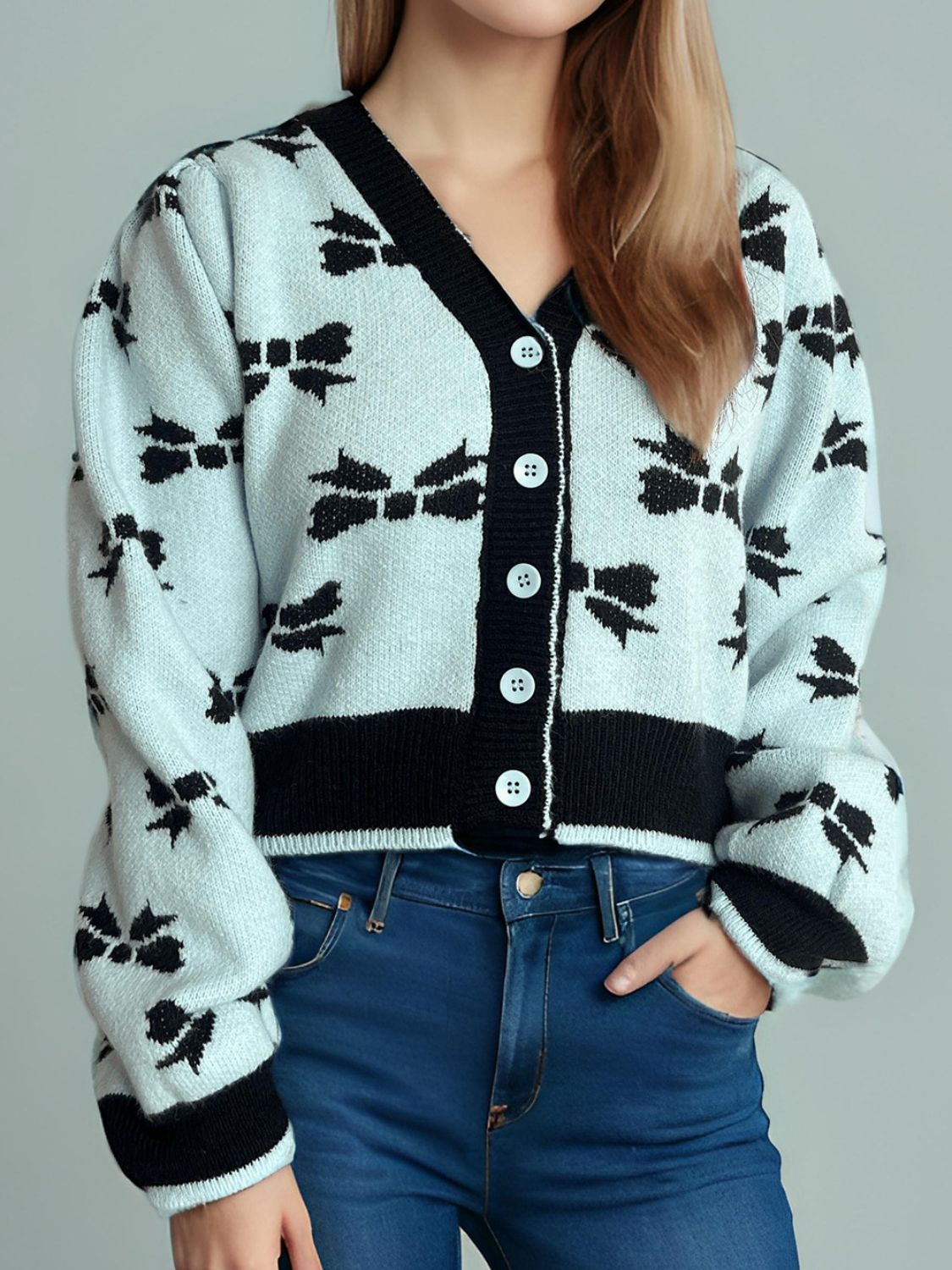 Bow V-Neck Button Down Long Sleeve Cardigan - Sydney So Sweet