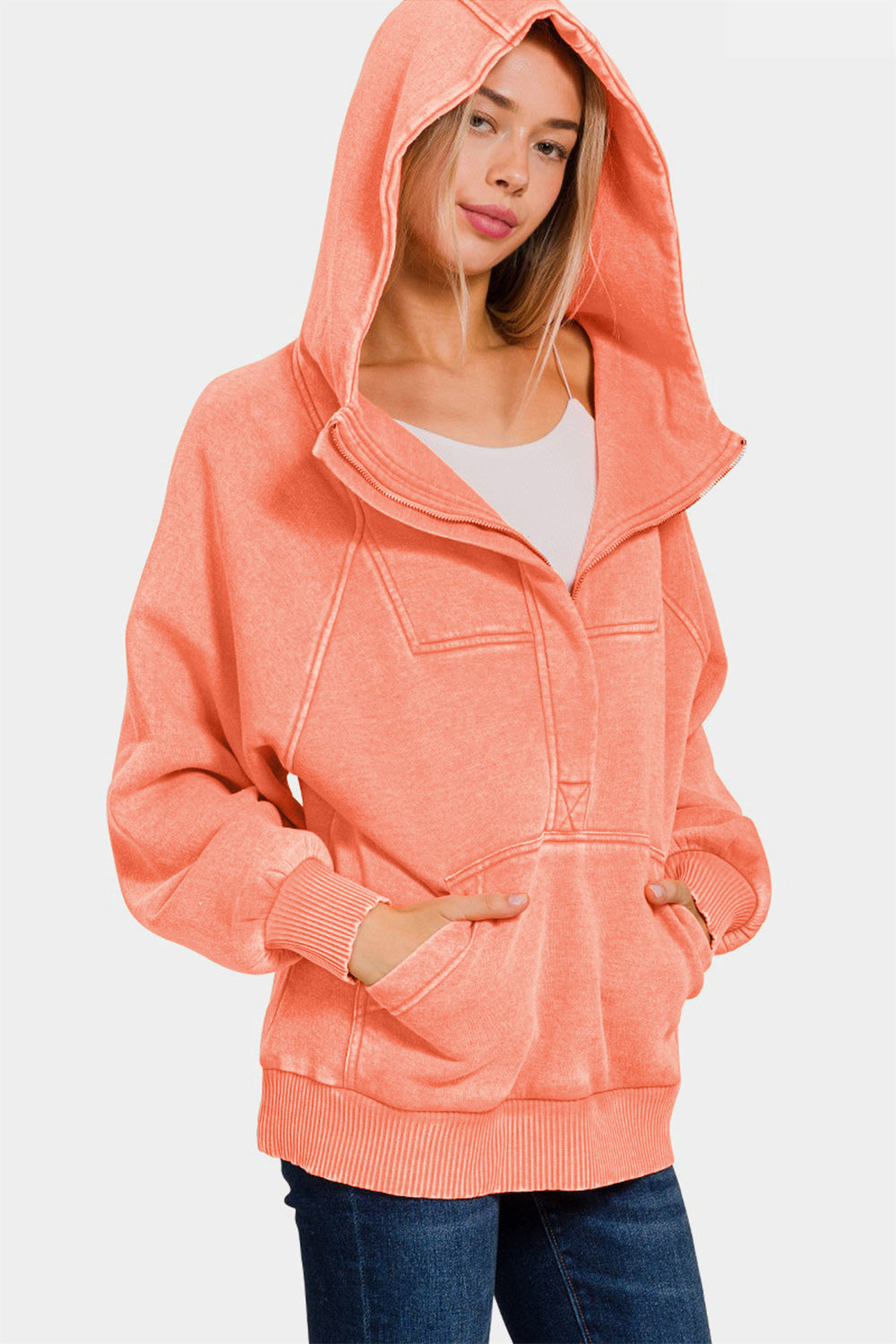 Zenana Acid Wash Fleece Kangaroo Hoodie - Sydney So Sweet