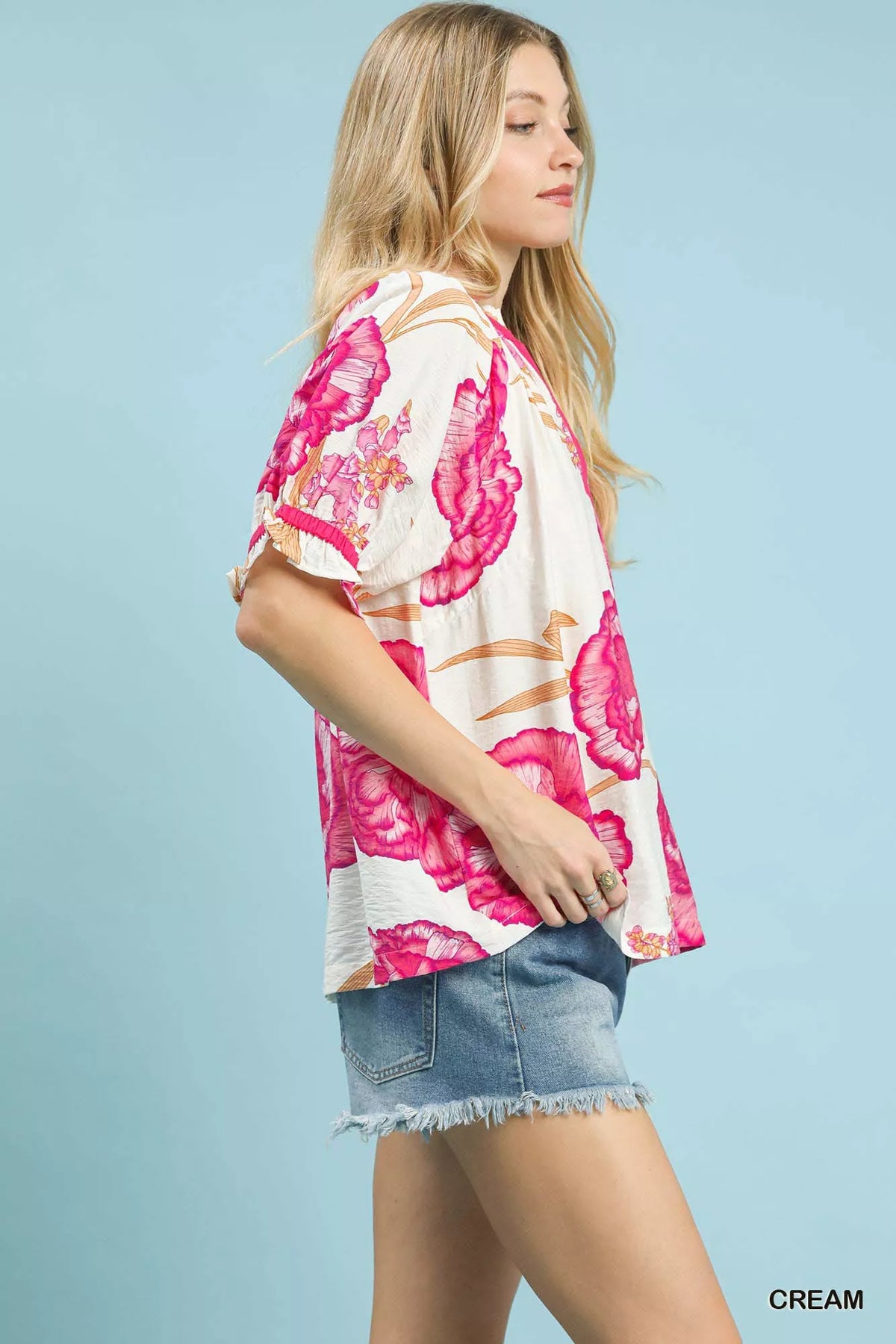 Umgee Floral V-Neck Puff Sleeve Blouse - Sydney So Sweet