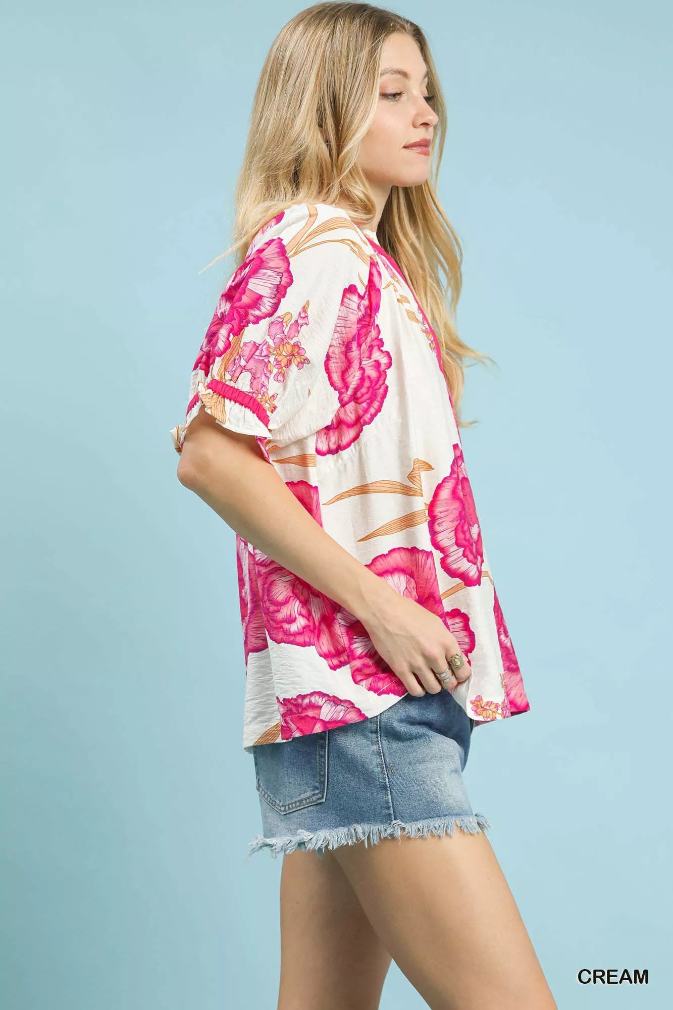 Umgee Floral V-Neck Puff Sleeve Blouse - Sydney So Sweet