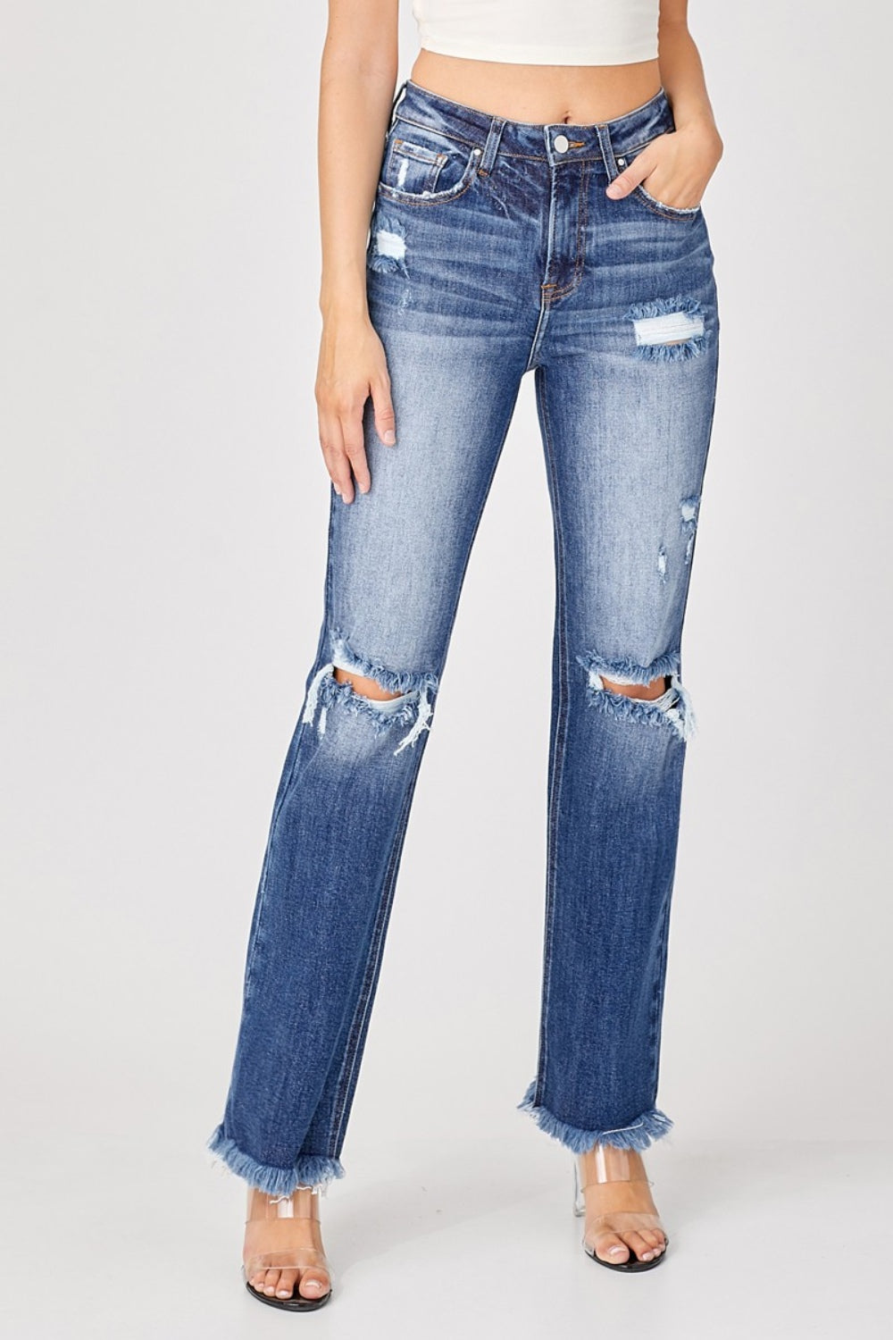 Risen Full Size Raw Hem Distressed Straight Jeans - Sydney So Sweet