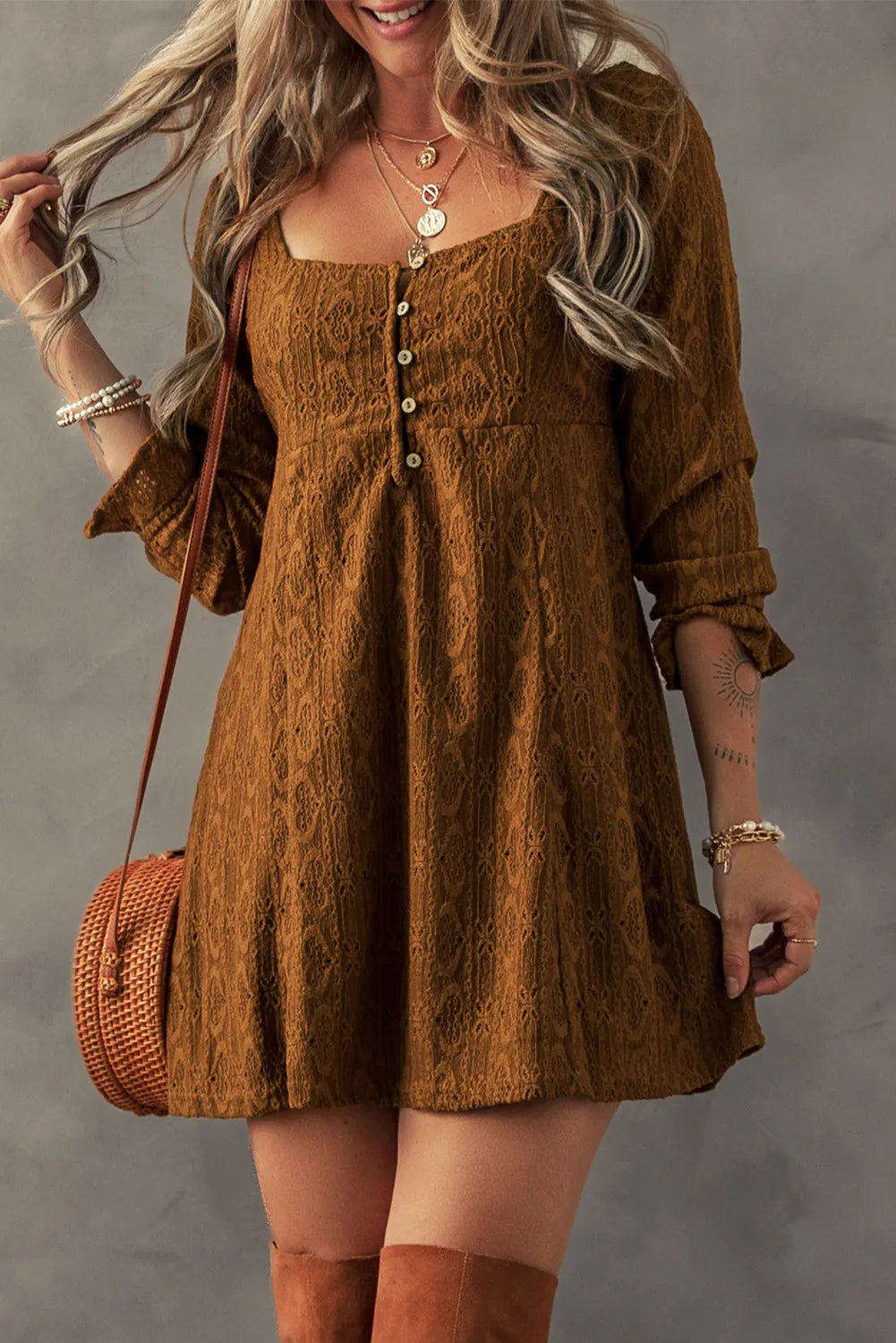 Textured Square Neck Mini Dress - Sydney So Sweet