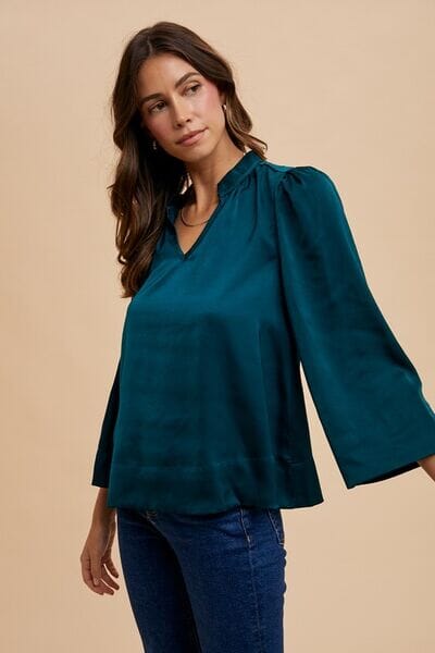 Annie Wear Satin Notched Three-Quarter Sleeve Blouse - Sydney So Sweet