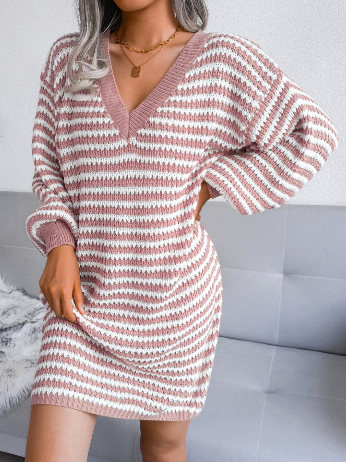 Striped V-Neck Long Sleeve Mini Sweater Dress - Sydney So Sweet