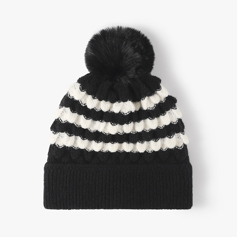 Striped Contrast Knit Hat with Pom-pom - Sydney So Sweet