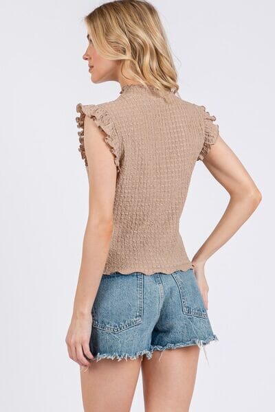 Ces Femme Texture Mock Neck Ruffle Cap Sleeve Blouse - Sydney So Sweet