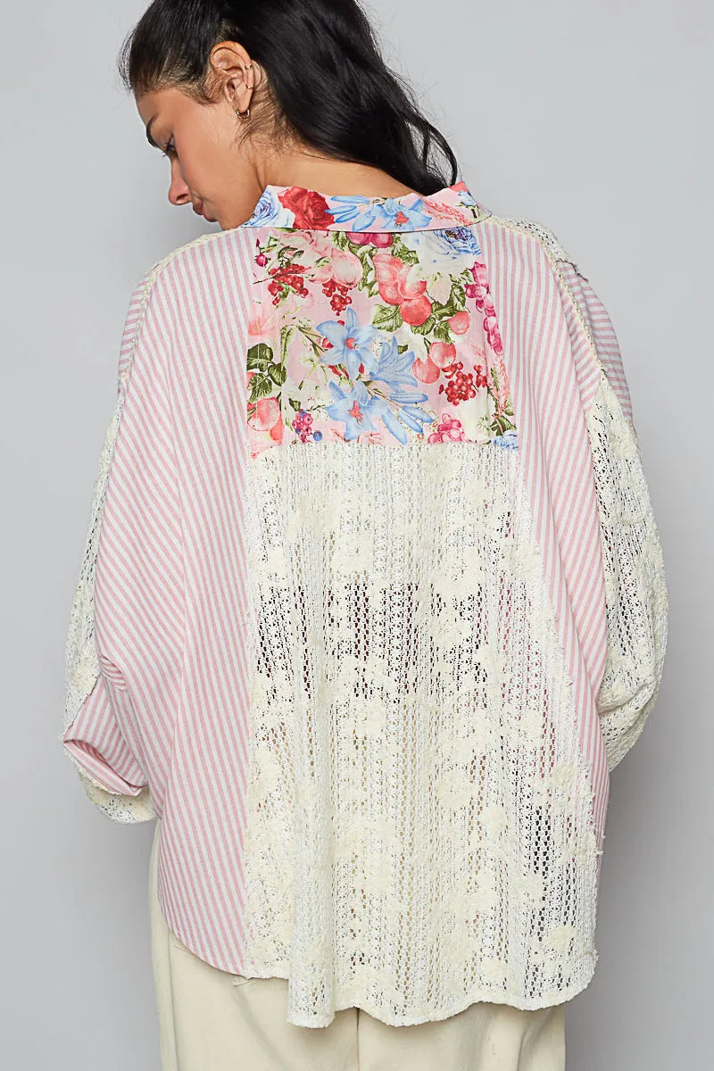 POL Lace Long Sleeve Shirt with Floral and Striped Pattern - Sydney So Sweet