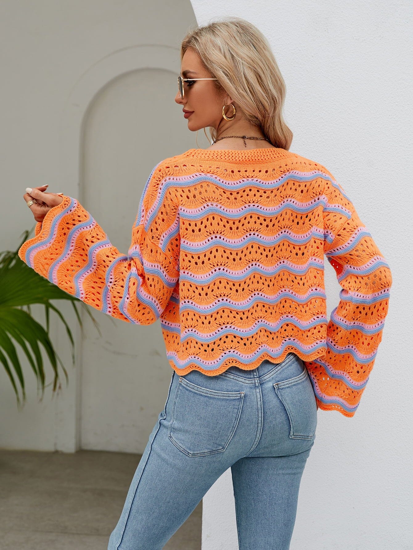 Round Neck Openwork Flare Sleeve Knit Top - Sydney So Sweet