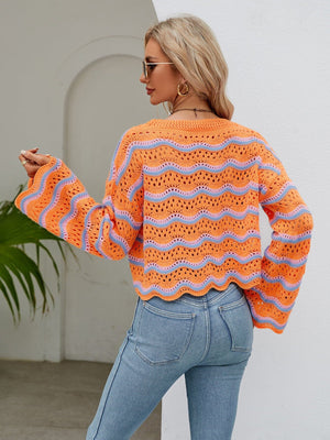 Round Neck Openwork Flare Sleeve Knit Top - Sydney So Sweet