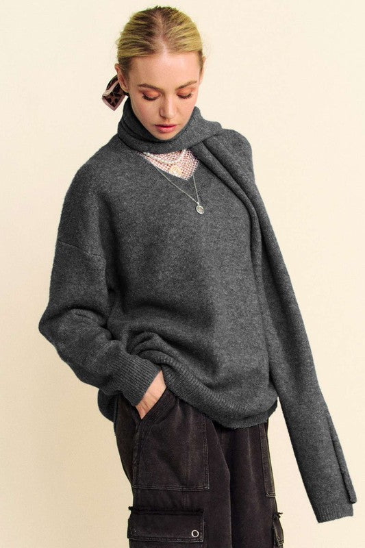 Davi & Dani V-Neck Dropped Shoulder Sweater with Scarf Set - Sydney So Sweet