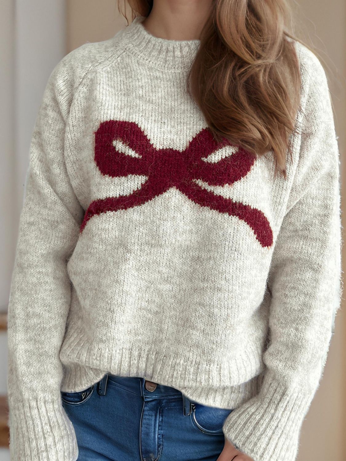 Bow Round Neck Long Sleeve Sweater - Sydney So Sweet