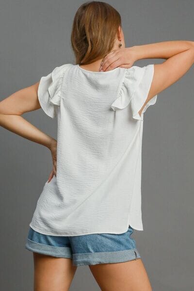 Umgee Full Size V-Neck Double Layered Ruffle Sleeve Blouse Plus Size - Sydney So Sweet