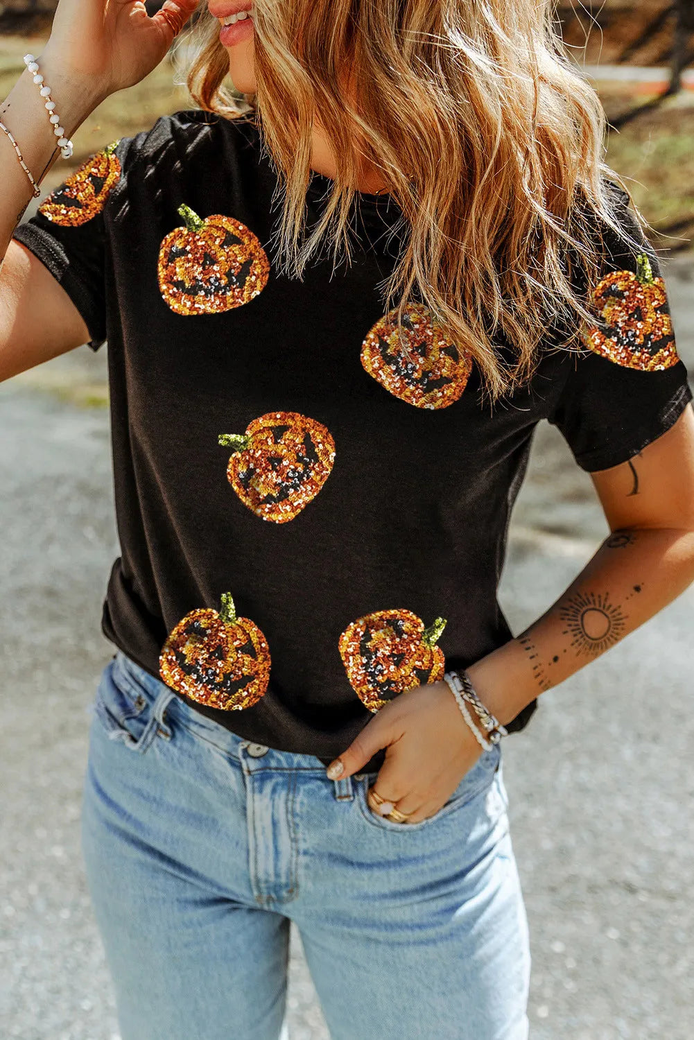 Sequin Pumpkin Round Neck Short Sleeve T-Shirt - Sydney So Sweet