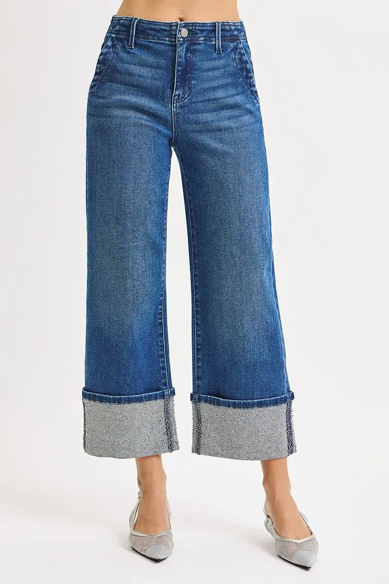 RISEN High Rise Ankle Wide Rhine Stone Cuffed Jeans - Sydney So Sweet