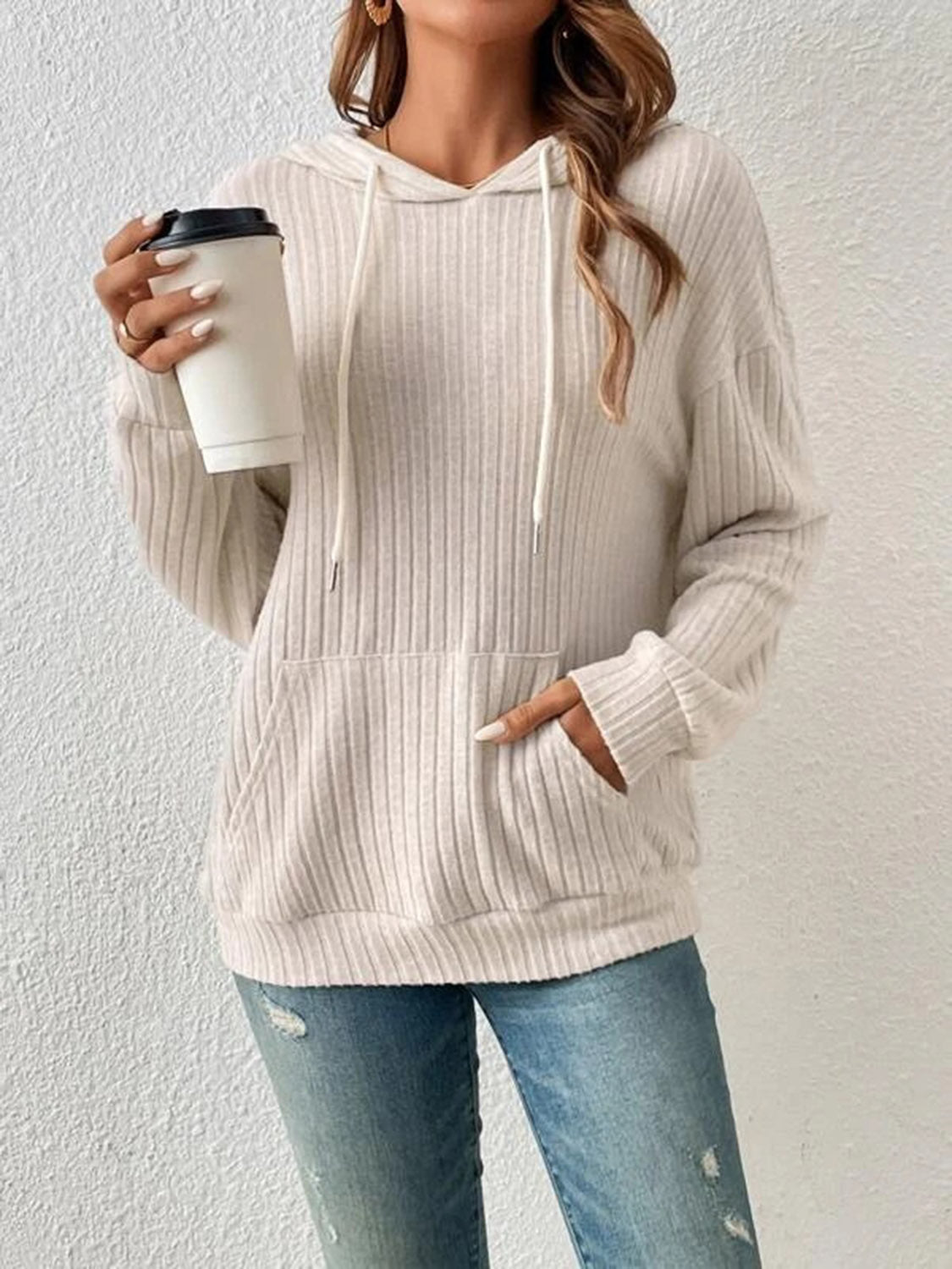 Ribbed Dropped Shoulder Drawstring Hoodie - Sydney So Sweet