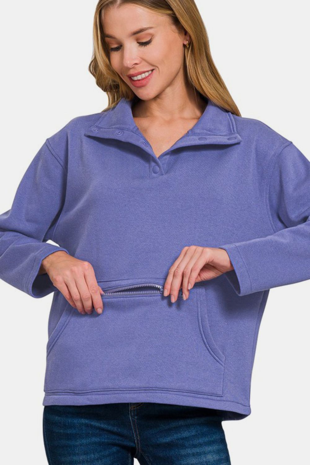 Zenana Turtleneck Half Snap Fleece Sweatshirt - Sydney So Sweet