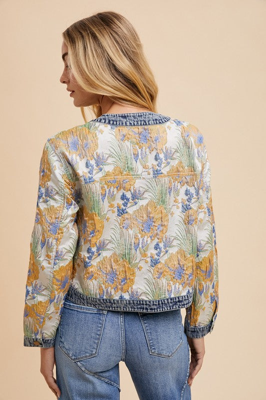 Annie Wear Floral Jacquard Denim Contrast Button Down Jacket - Sydney So Sweet