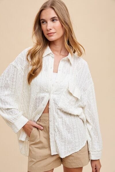 Annie Wear Openwork Button Down Drop Shoulder Shirt - Sydney So Sweet