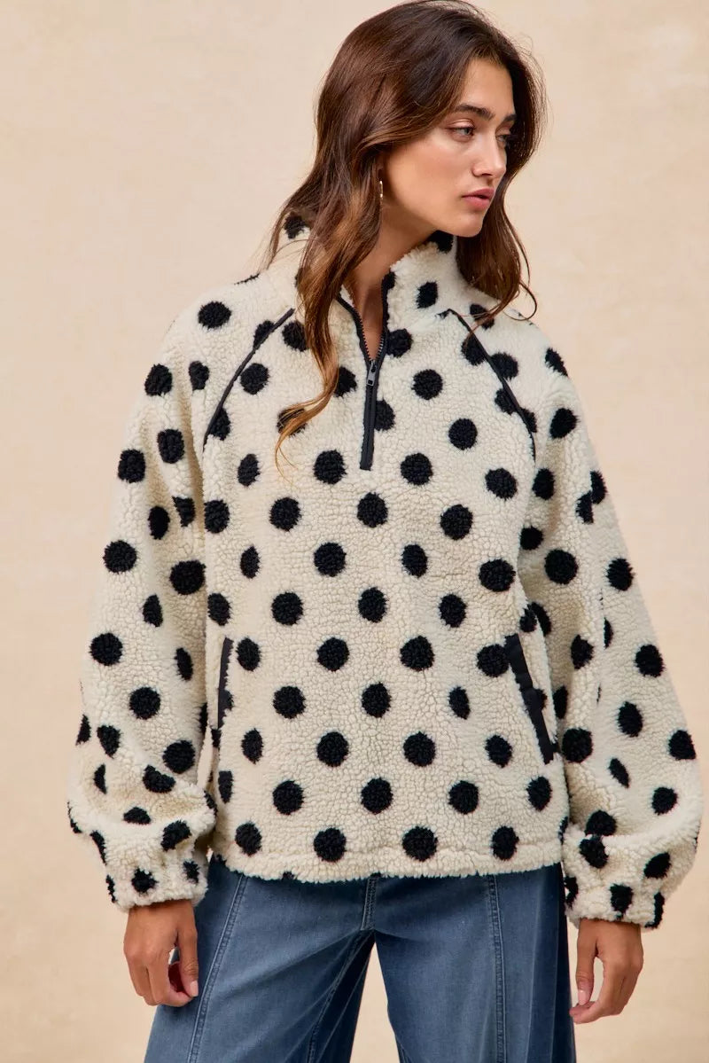 BiBi Polka Dot Sherpa Half Zip Up Top with Side Pocket - Sydney So Sweet
