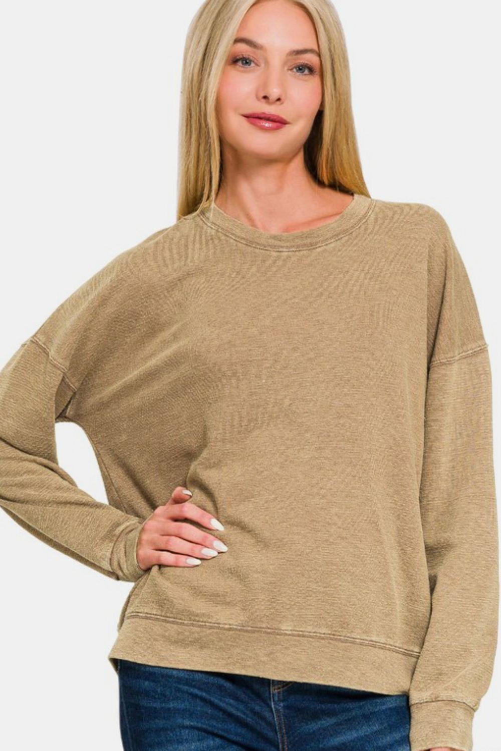 Zenana Washed Round Neck Dropped Shoulder Sweatshirt - Sydney So Sweet