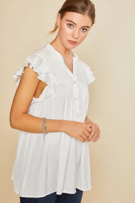 Annie Wear Ruffle Sleeve Shirred Flowy Woven Tunic Shirts - Sydney So Sweet