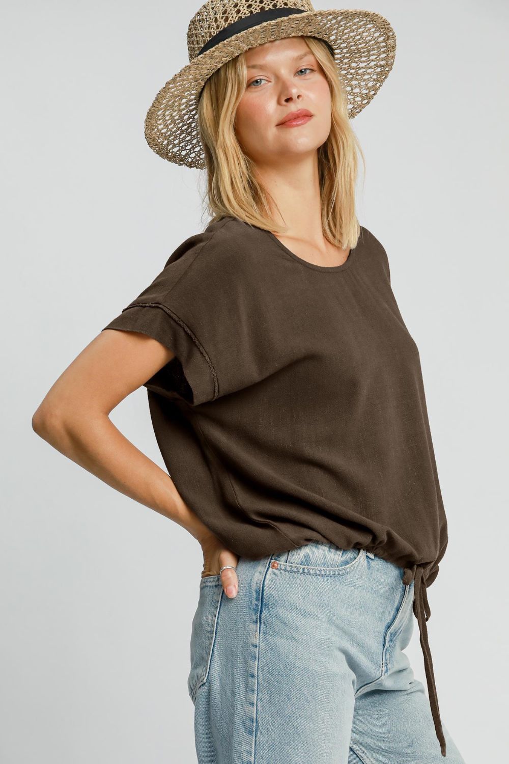 Umgee Drawstring Hem Round Neck Short Sleeve T-Shirt - Sydney So Sweet