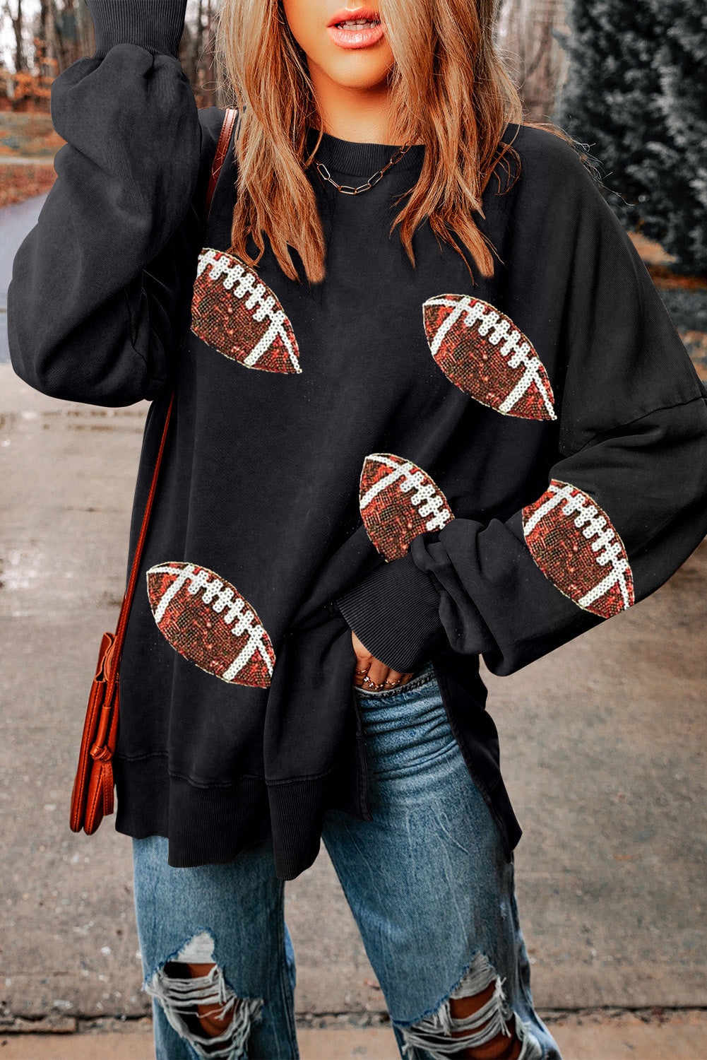 Sequin Football Patch Slit Sweatshirt - Sydney So Sweet