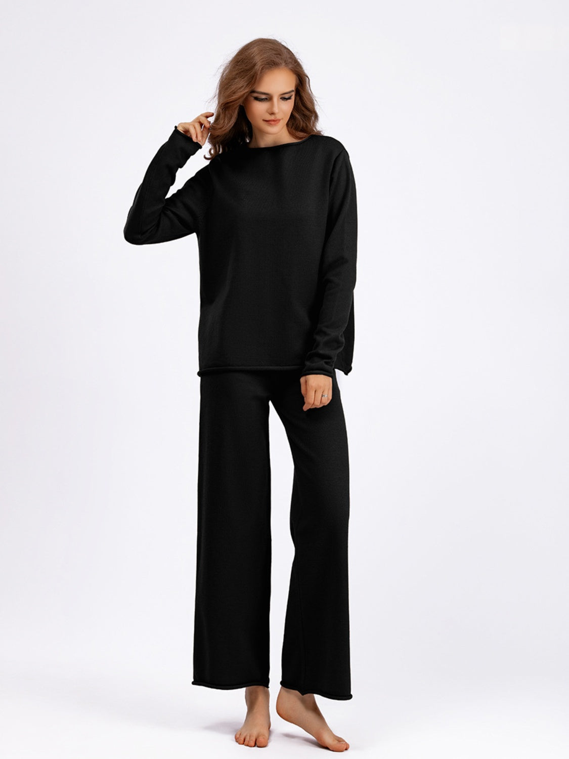 Basic Bae Rolled Round Neck Top and Pants Sweater Set - Sydney So Sweet