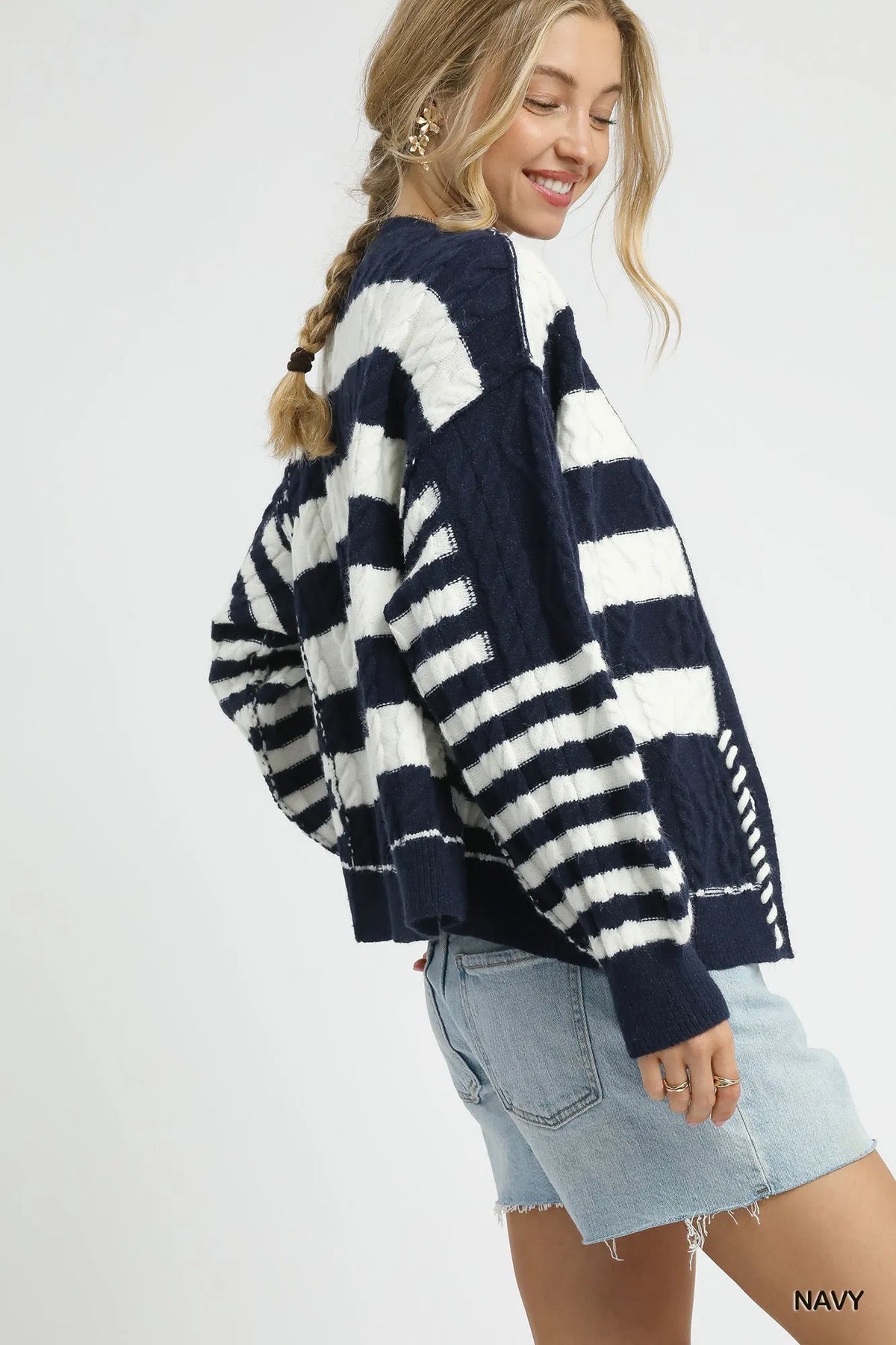 Umgee Cable-Knit Stripe Button-Up Cardigan - Sydney So Sweet