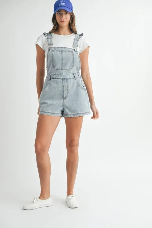 MABLE Square Neck Ruffle Shoulder Denim Overall Romper - Sydney So Sweet