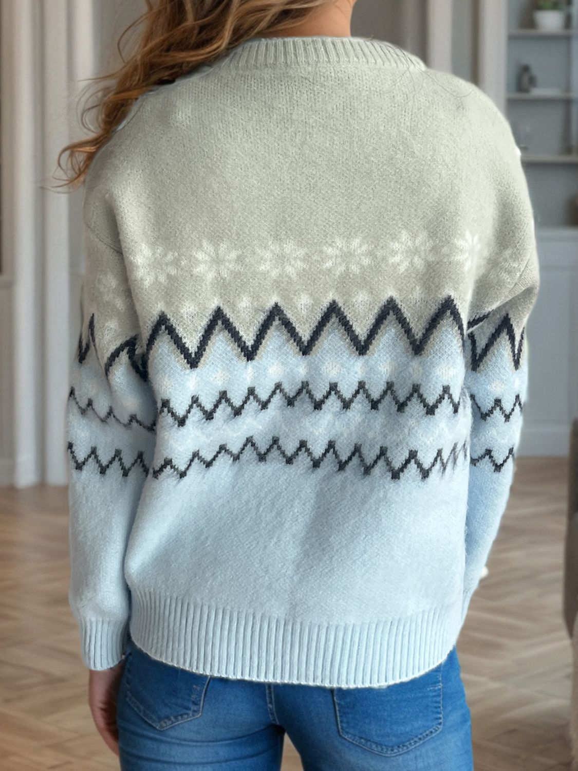 Chevron Contrast Round Neck Long Sleeve Sweater - Sydney So Sweet