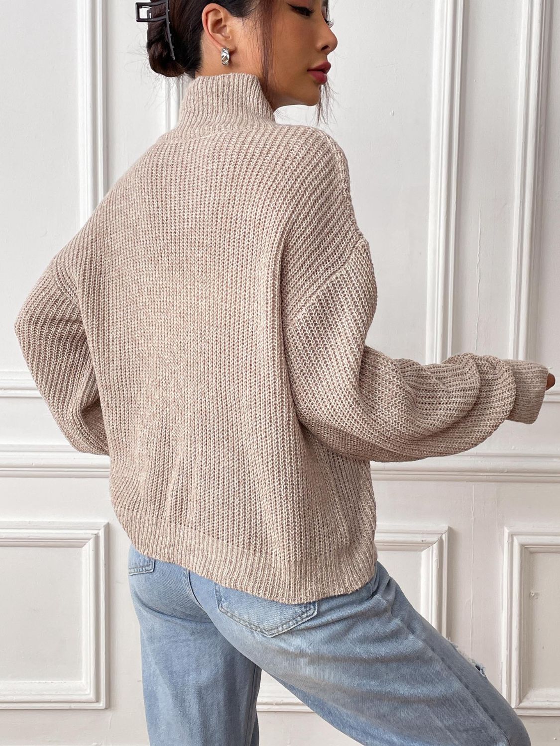 Heart Turtleneck Dropped Shoulder Long Sleeve Sweater - Sydney So Sweet