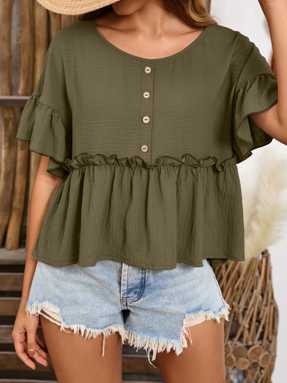 Frill Decorative Button Round Neck Half Sleeve Blouse - Sydney So Sweet