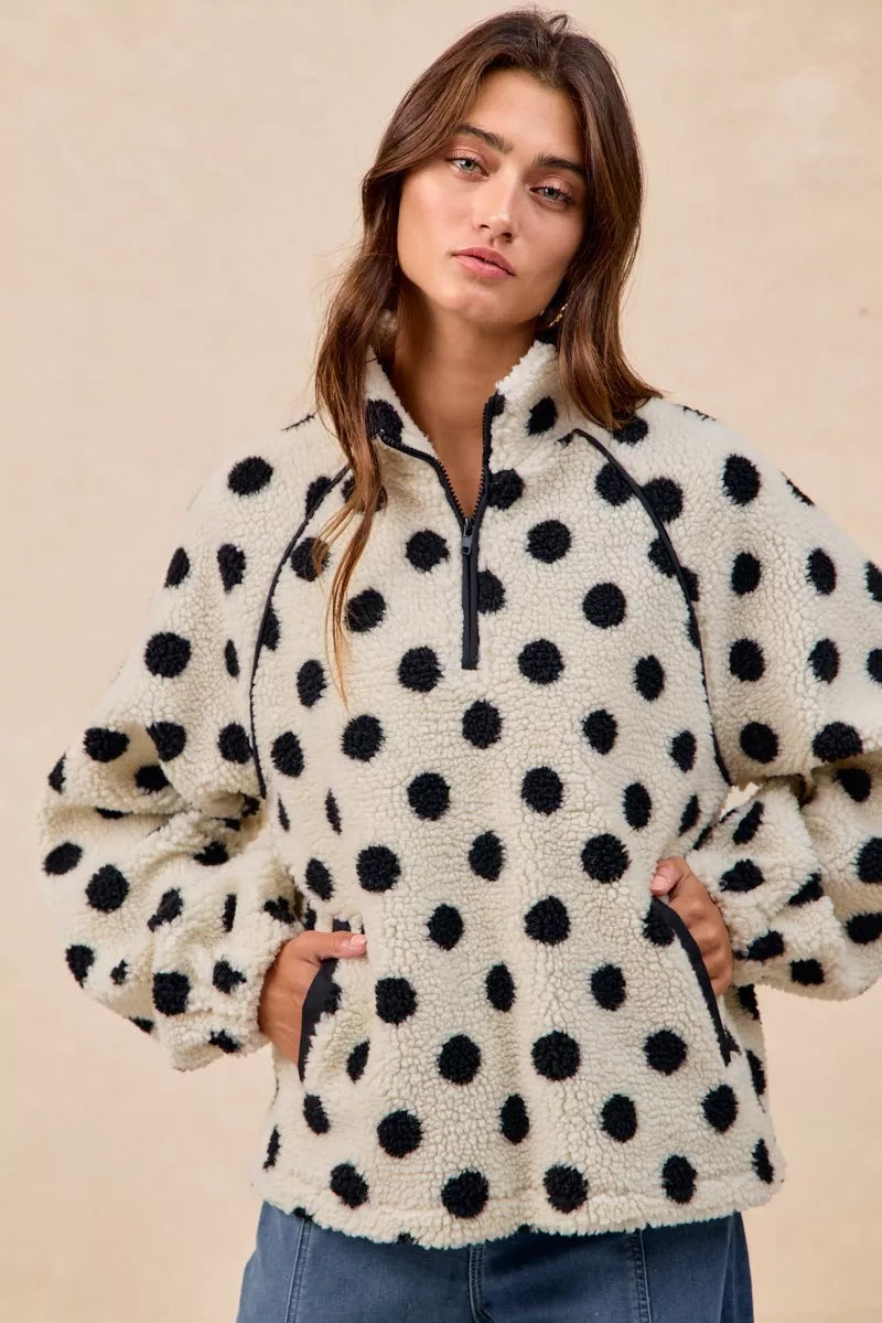 BiBi Polka Dot Sherpa Half Zip Up Top with Side Pocket - Sydney So Sweet
