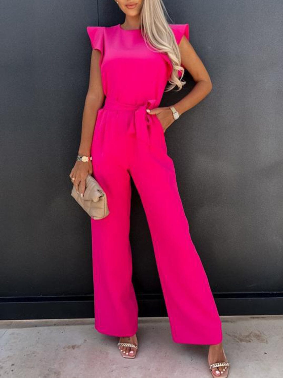 Ruffled Round Neck Cap Sleeve Jumpsuit - Sydney So Sweet