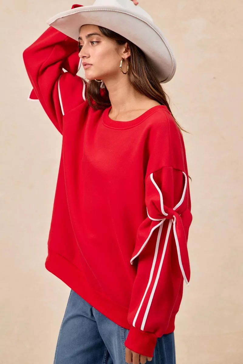 BiBi Bow Detail Sleeves Fleece Sweatshirt - Sydney So Sweet