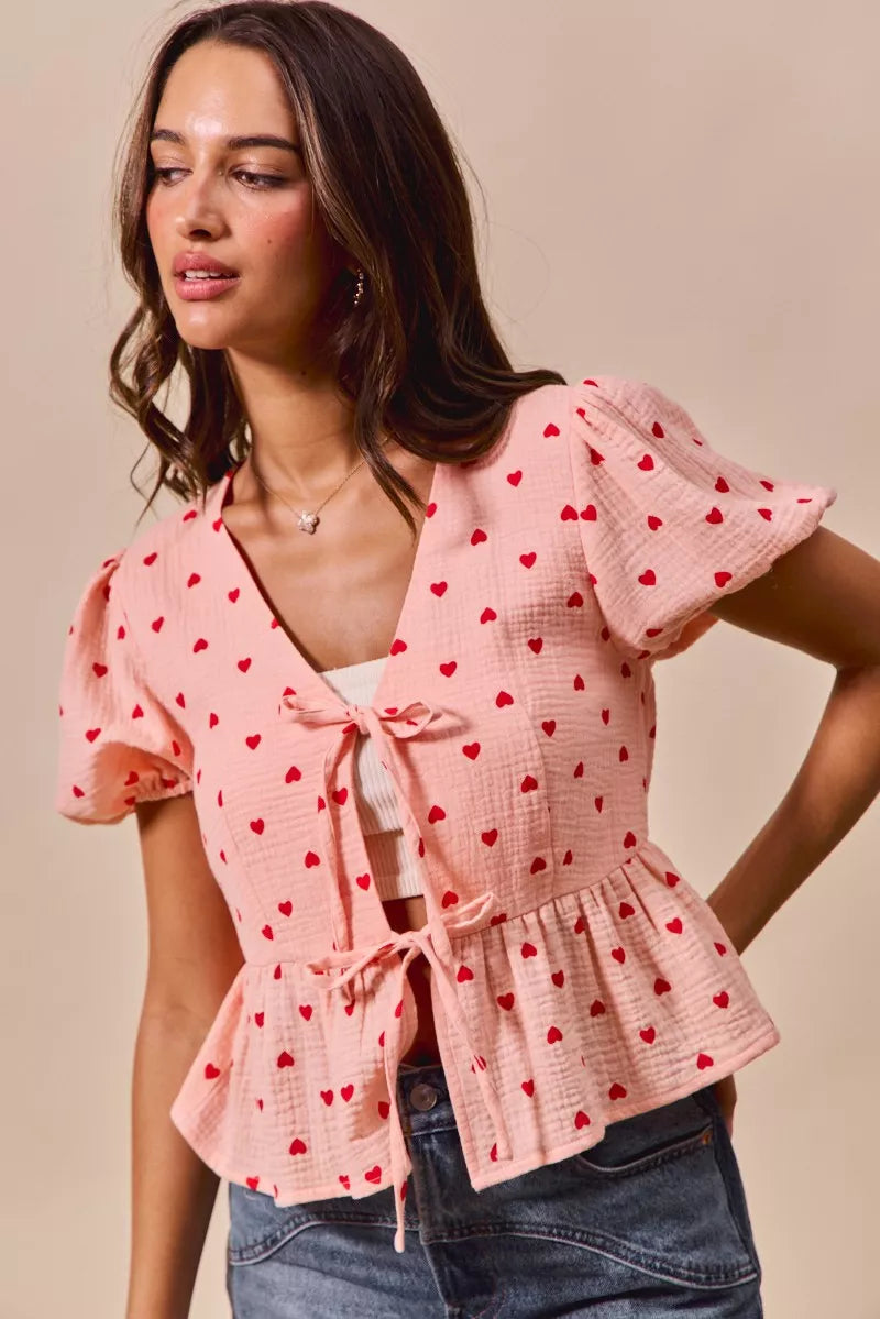 SO ME All Over Heart Ribbon Tie Baby Doll Valentine Blouse - Sydney So Sweet