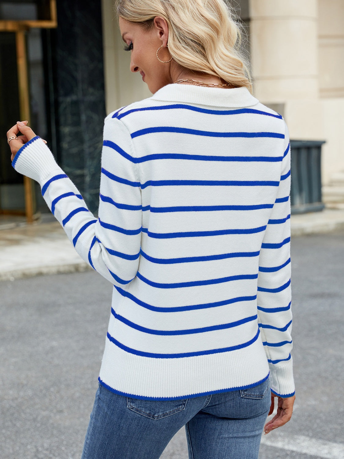 Striped Johnny Collar Long Sleeve Sweater - Sydney So Sweet