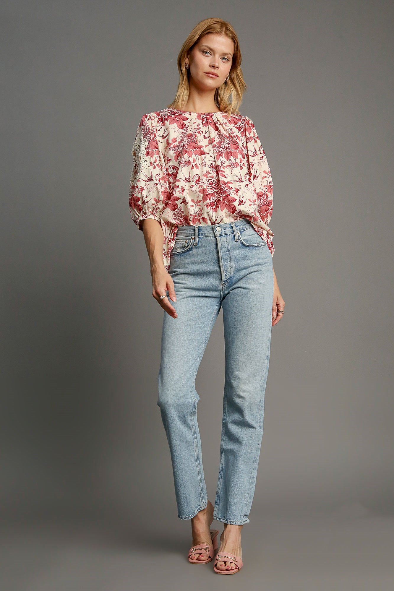 Umgee Floral Pleated Detail Lace Trim Sleeve Blouse - Sydney So Sweet