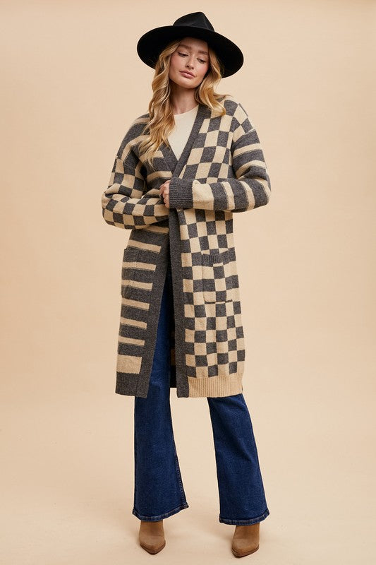 Annie Wear Checkered & Striped Open Front Long Sleeve Cardigan - Sydney So Sweet