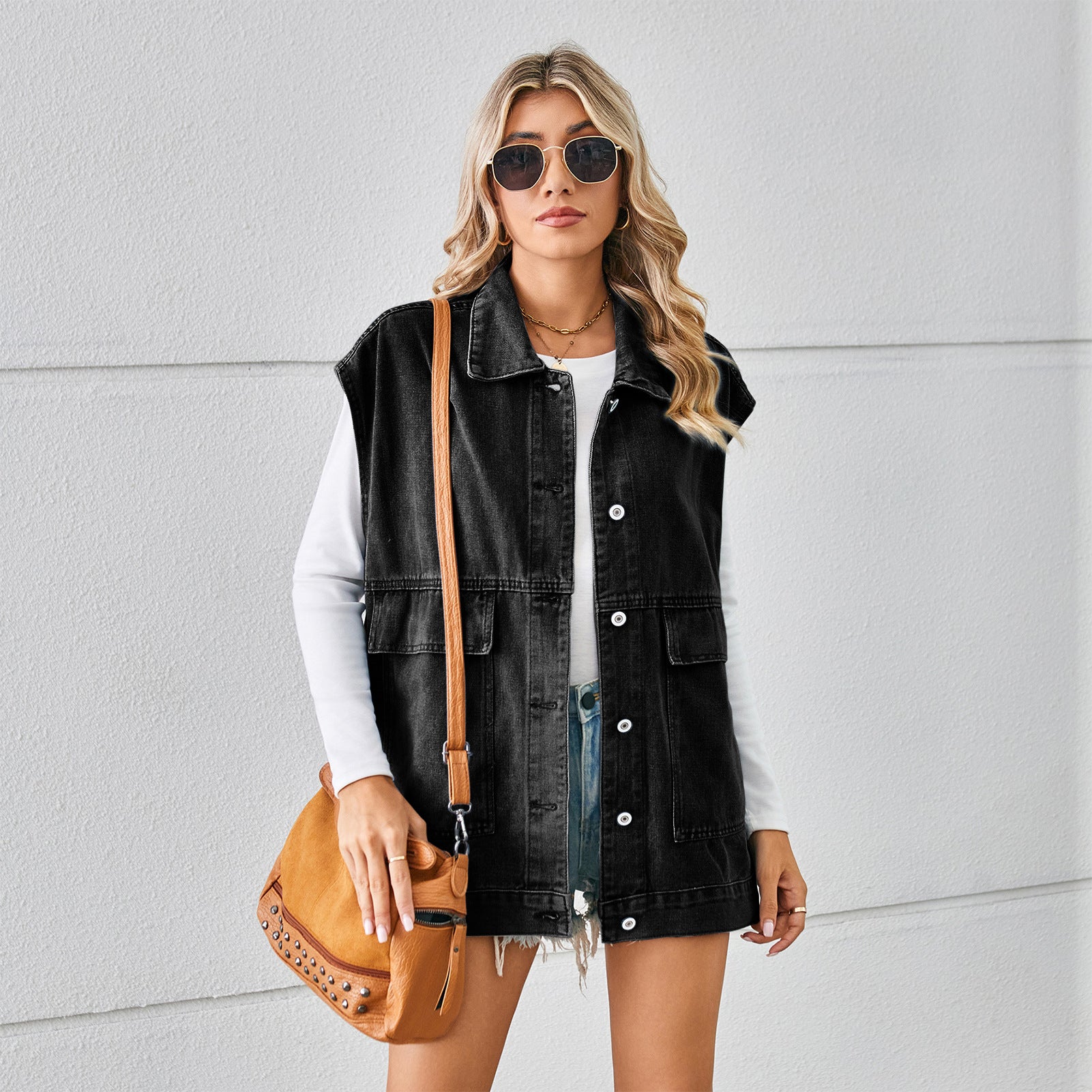 Pocketed Button Up Sleeveless Denim Jacket - Sydney So Sweet