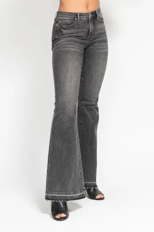 Judy Blue Full Size Mid Rise Tummy Control Washed Gray Release Hem Flare Jeans Plus Size - Sydney So Sweet