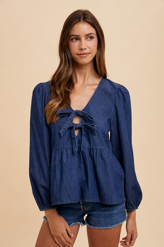 Annie Wear Tie Front Peplum Long Sleeve Denim Top - Sydney So Sweet