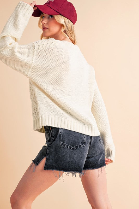 Aemi+Co Contrast 87 Number Cable Knit Drop Shoulder Sweater - Sydney So Sweet