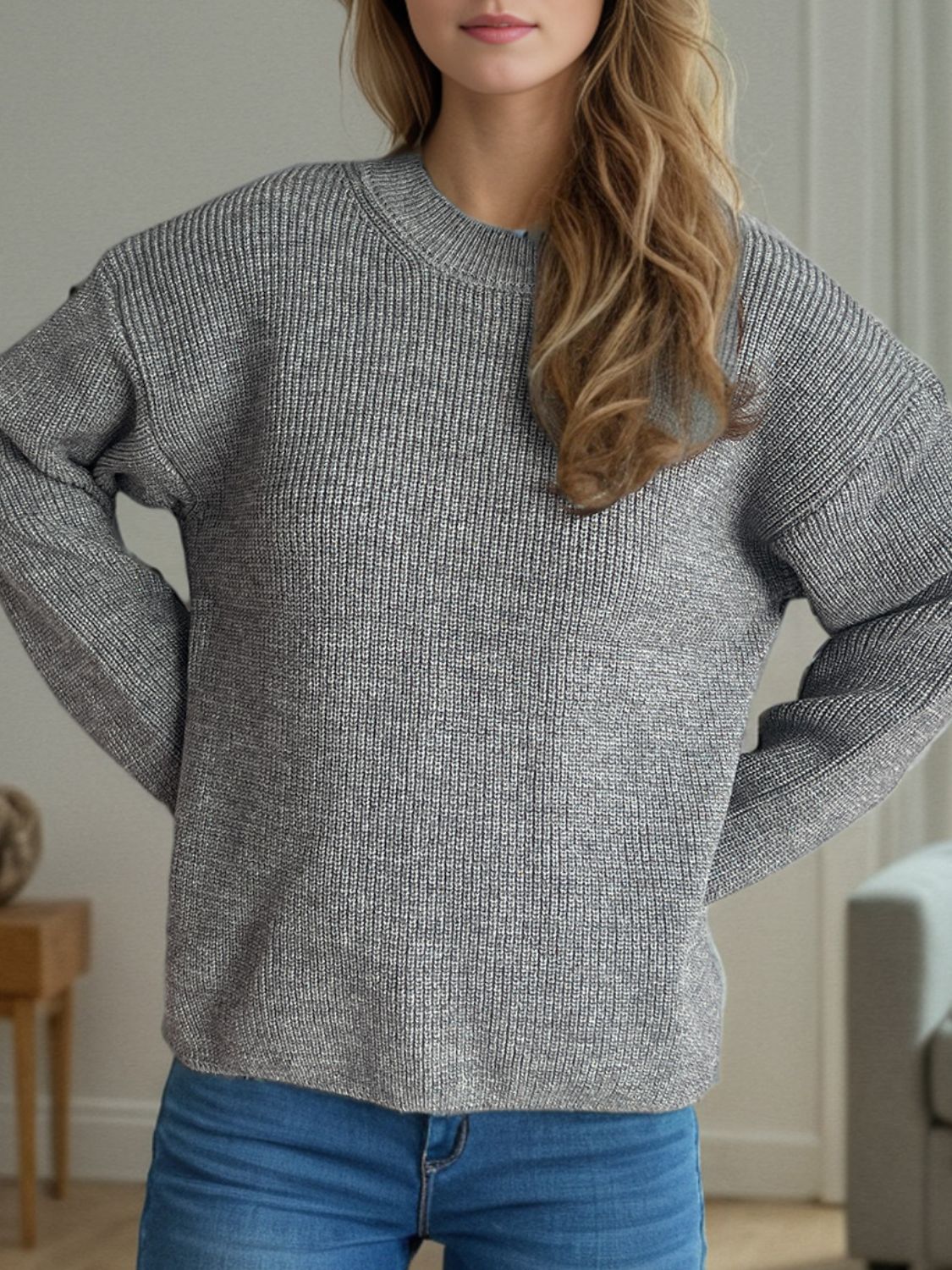 Solid Color Round Neck Long Sleeve Sweater - Sydney So Sweet