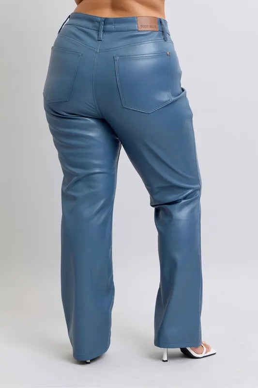 Judy Blue Full Size High Waist Tummy Control Faux Leather Bootcut Pants Plus Size - Sydney So Sweet