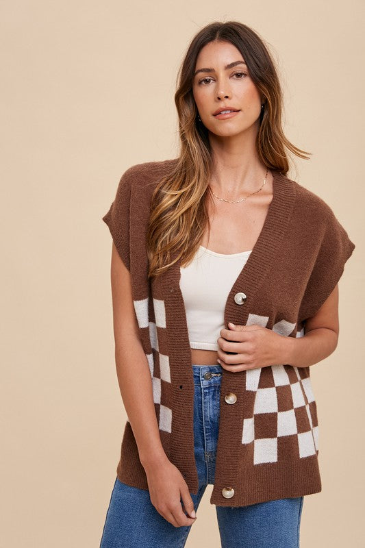 Annie Wear Checkered Button Down Short Sleeve Cardigan - Sydney So Sweet